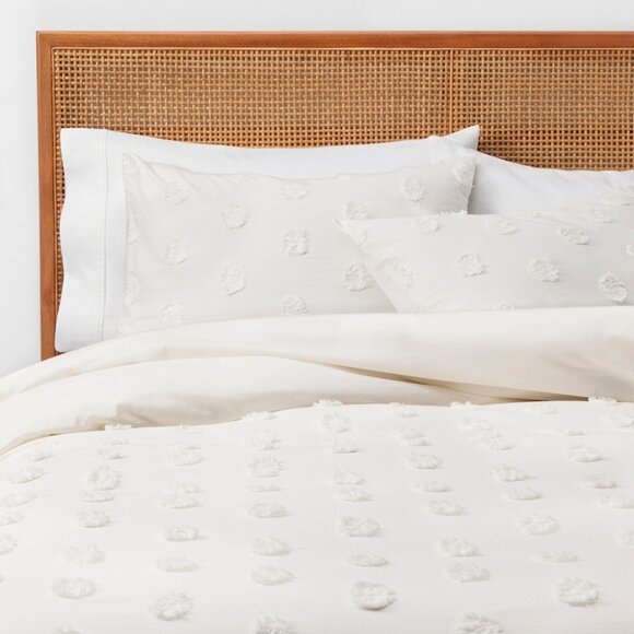 Pom Pom Duvet Cover Set With Shams Twin/XL Cotton Blend White Textured Bedding - Picture 1 of 7